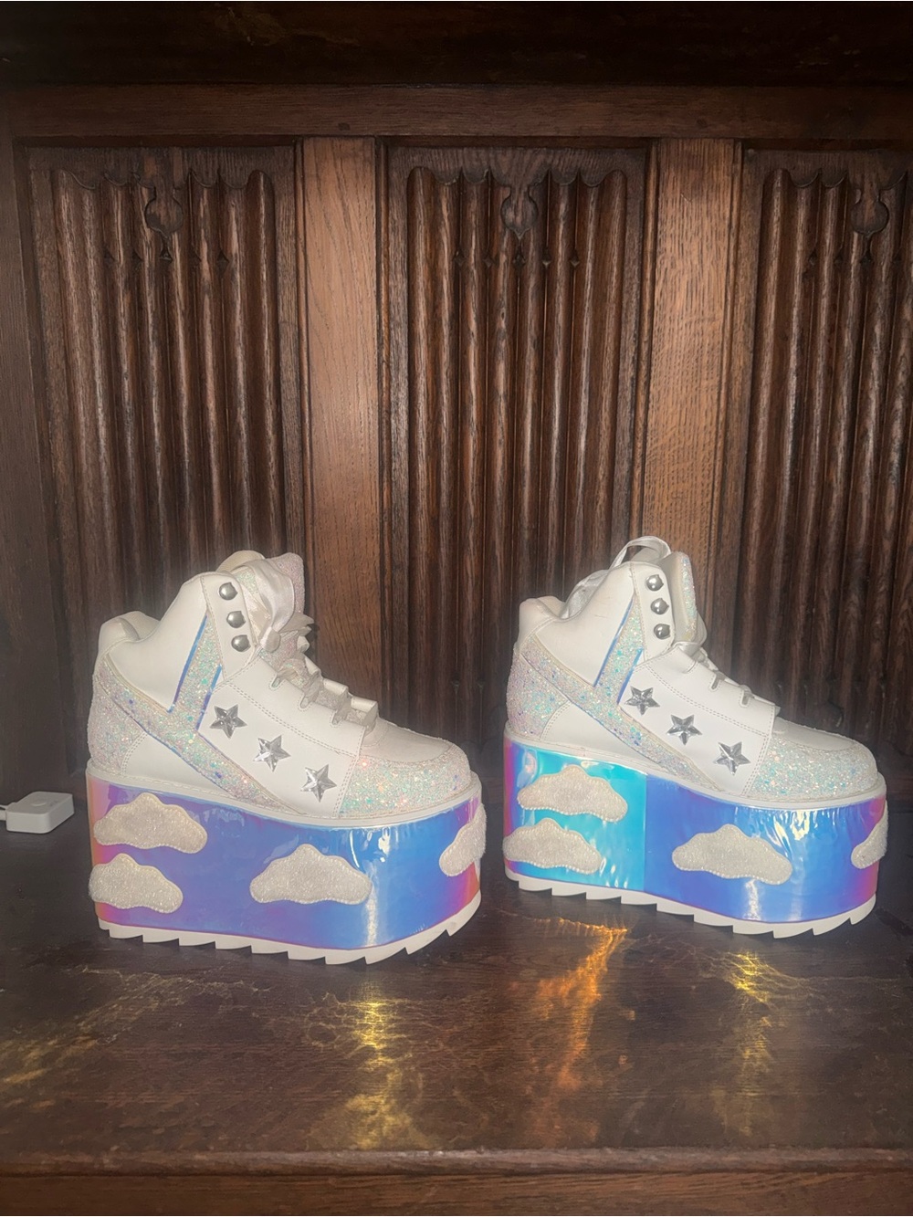 Dolls Kill YRU White Holographic Cloud Platform Sneakers RARE DISCONTINUED